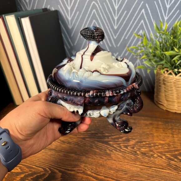 Vintage Westmoreland Argonaut Slag Glass Covered Trinket Dish Coastal Shell Dish - Picture 5 of 16